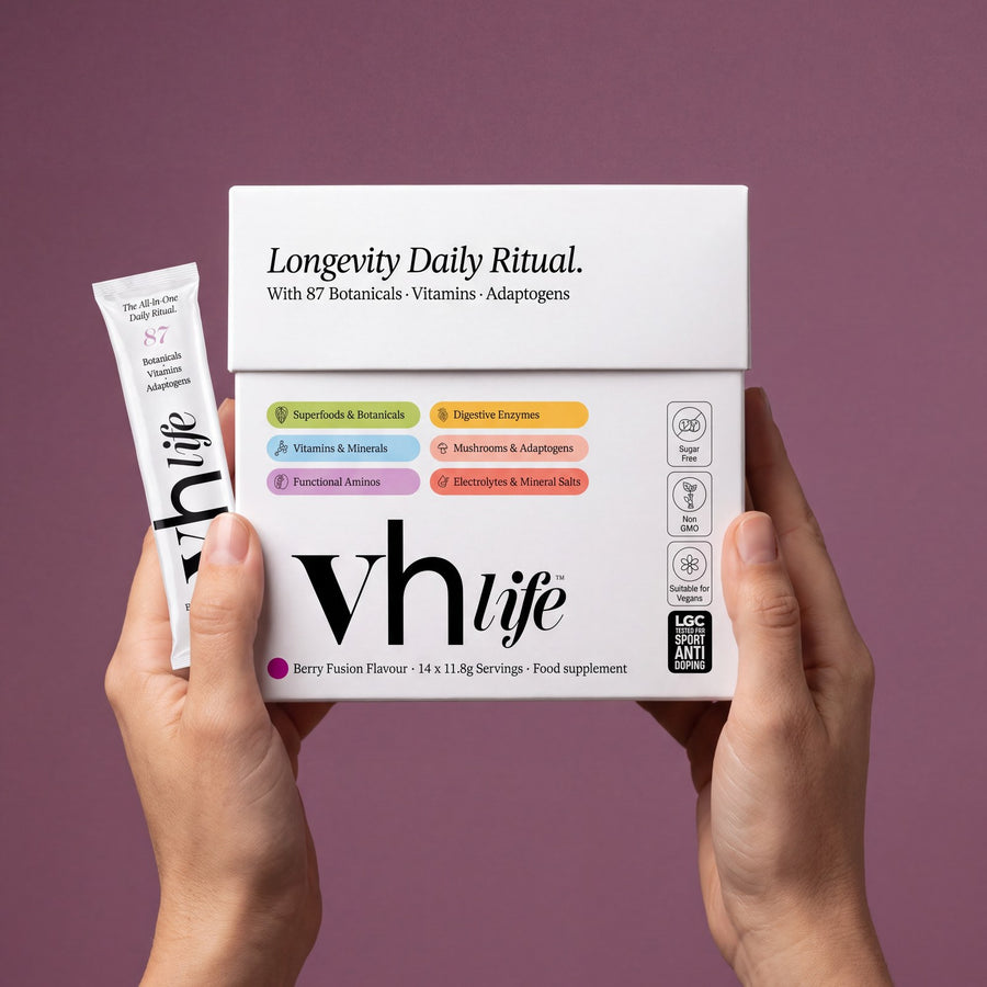 Hands holding the VH Life box and a sachet