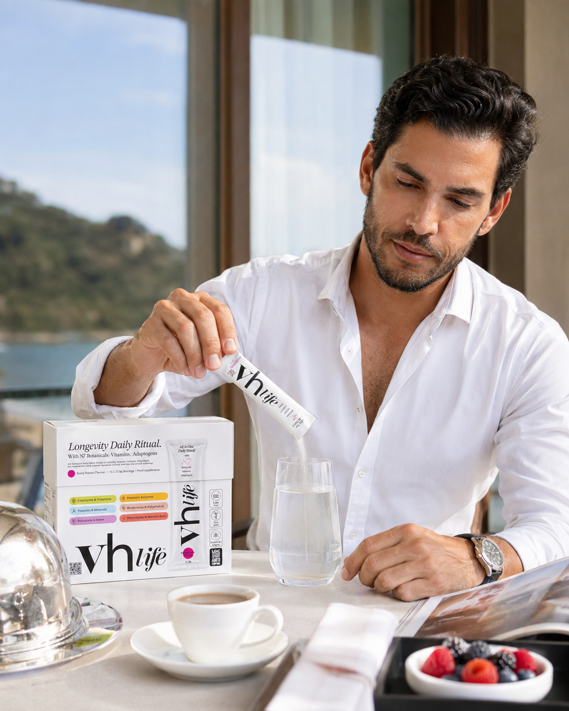 A man pouring vh life at a coastal terrace breakfast