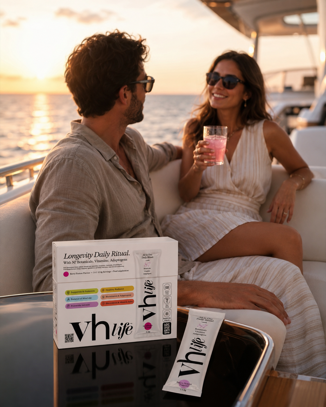 A couple sharing vh life at sunset on a boat