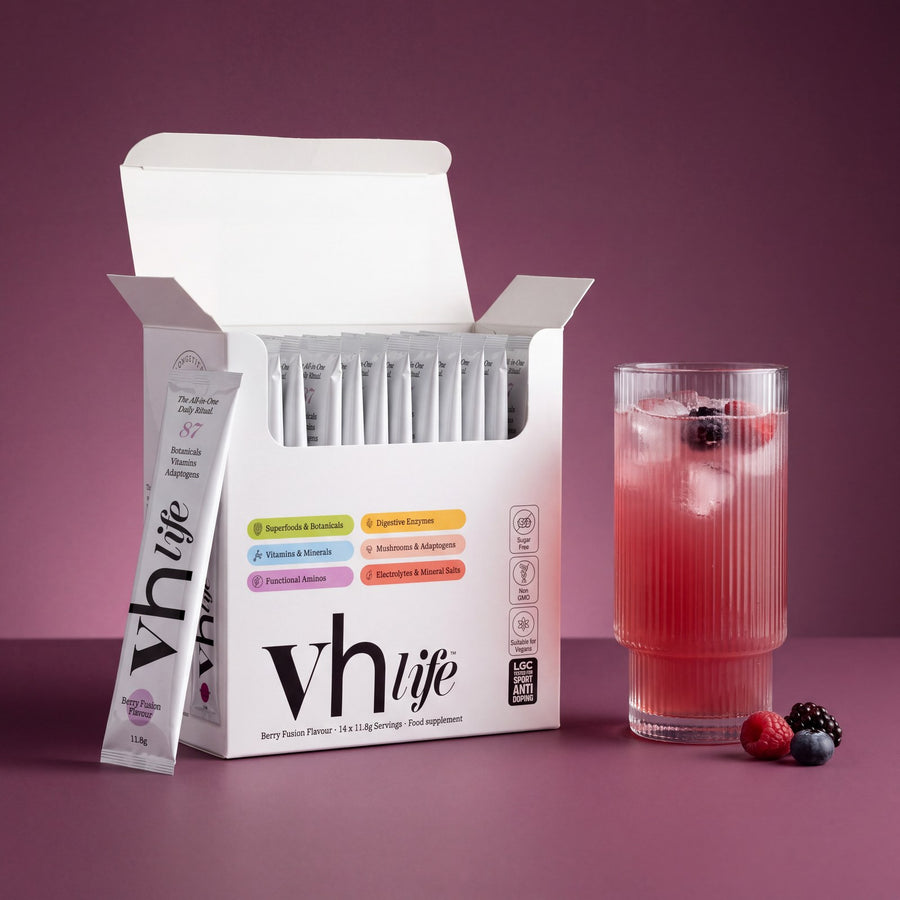 The open VH Life box showing the sachets inside