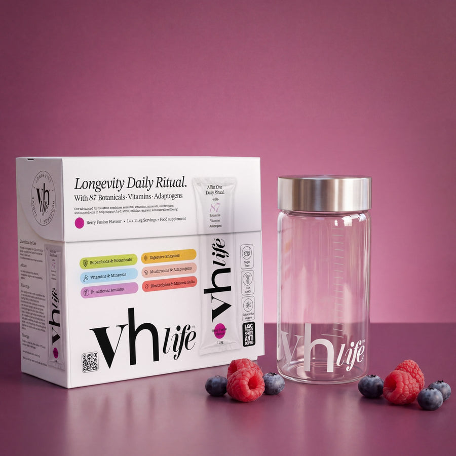 The VH Life box beside the free VH Life glass with its steel lid