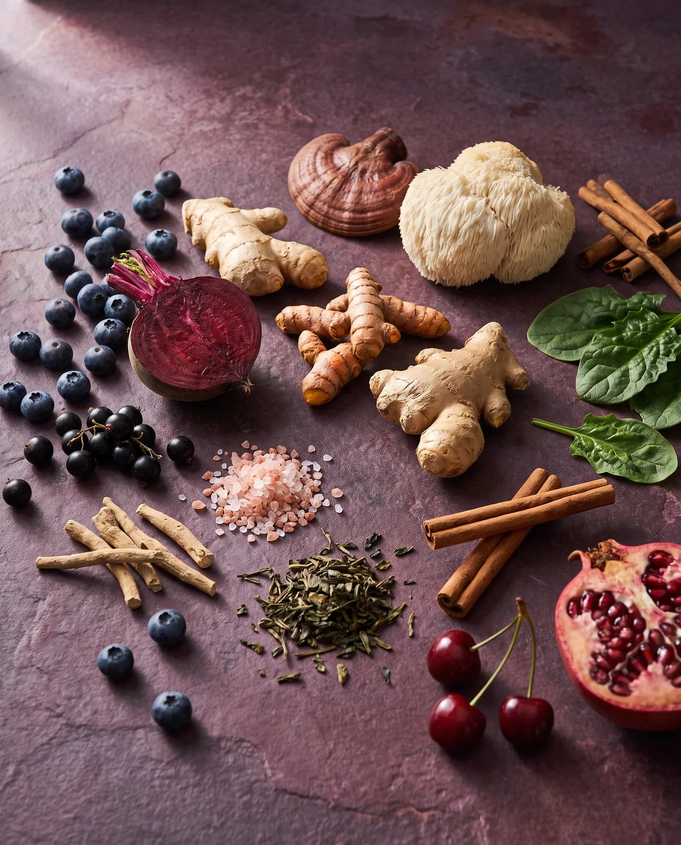 Whole ingredients like those in VH Life: blueberries, blackcurrants, beetroot, ginger, turmeric, reishi and lion's mane mushrooms, ashwagandha root, pink Himalayan salt, green tea, spinach, cinnamon, cherries and pomegranate