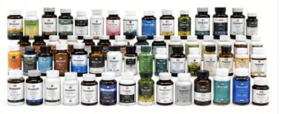 Around sixty separate supplement bottles arranged in rows