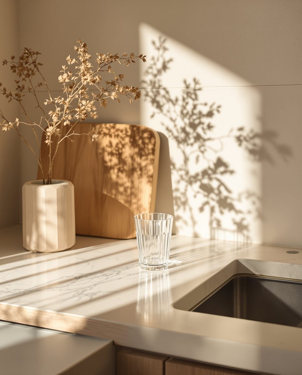 A sunlit kitchen counter with an empty ribbed glass