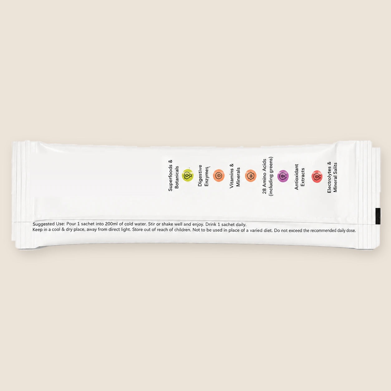 The back of a vh life sachet showing the six complexes and suggested use
