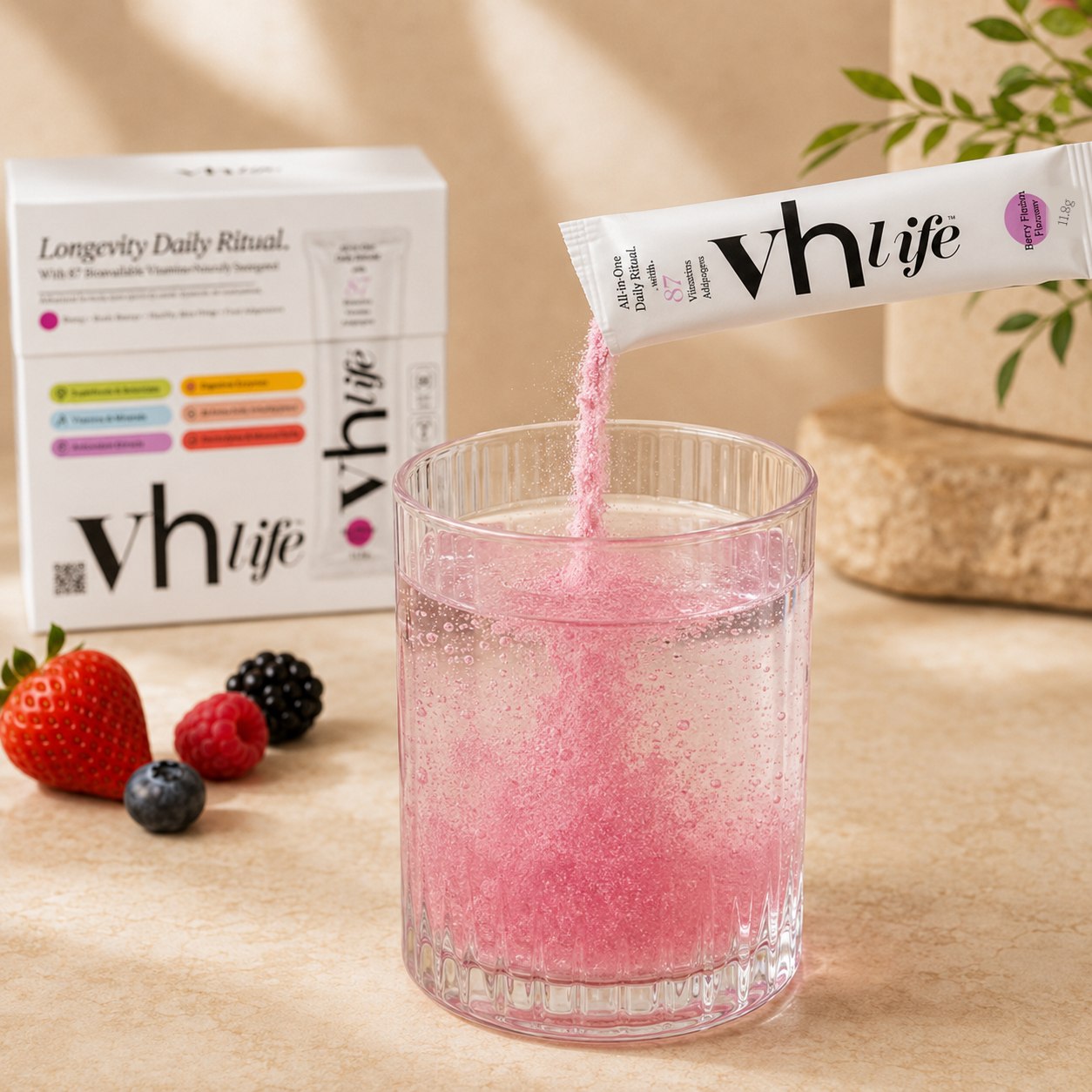 A vh life Berry Fusion sachet pouring into a glass of cold water