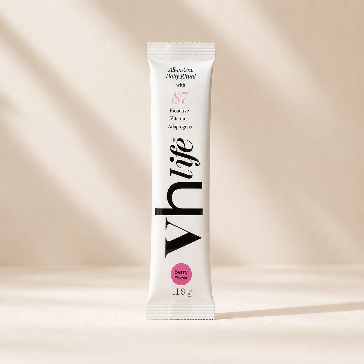 A single vh life All-in-One Daily Ritual sachet standing upright